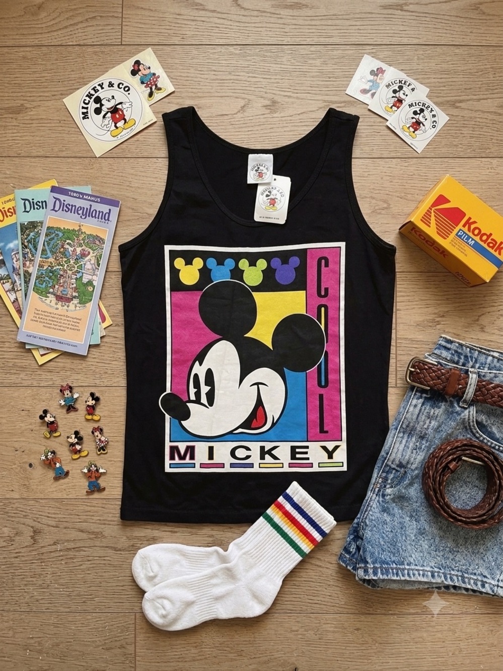 Disney Deadstock Mickey Mouse Black Graphic Tank Top - Color Block Vintage Med